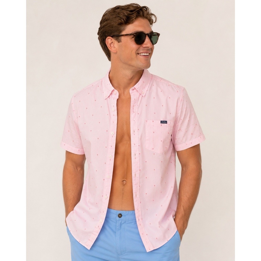 Chubbies Pink Palm Tree Button Up Shirt Men's Medium Short Sleeve Beach Preppy